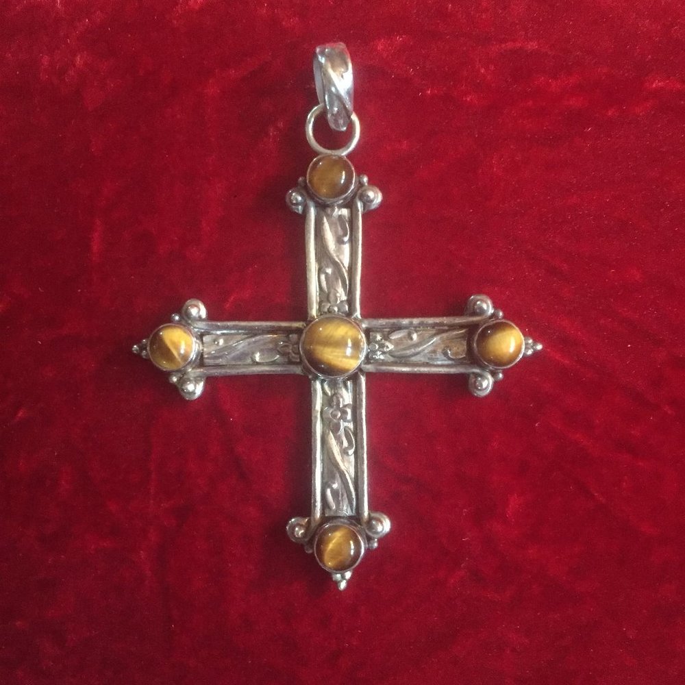 Vintage Sterling Silver Tiger Eye Gemstone Cross